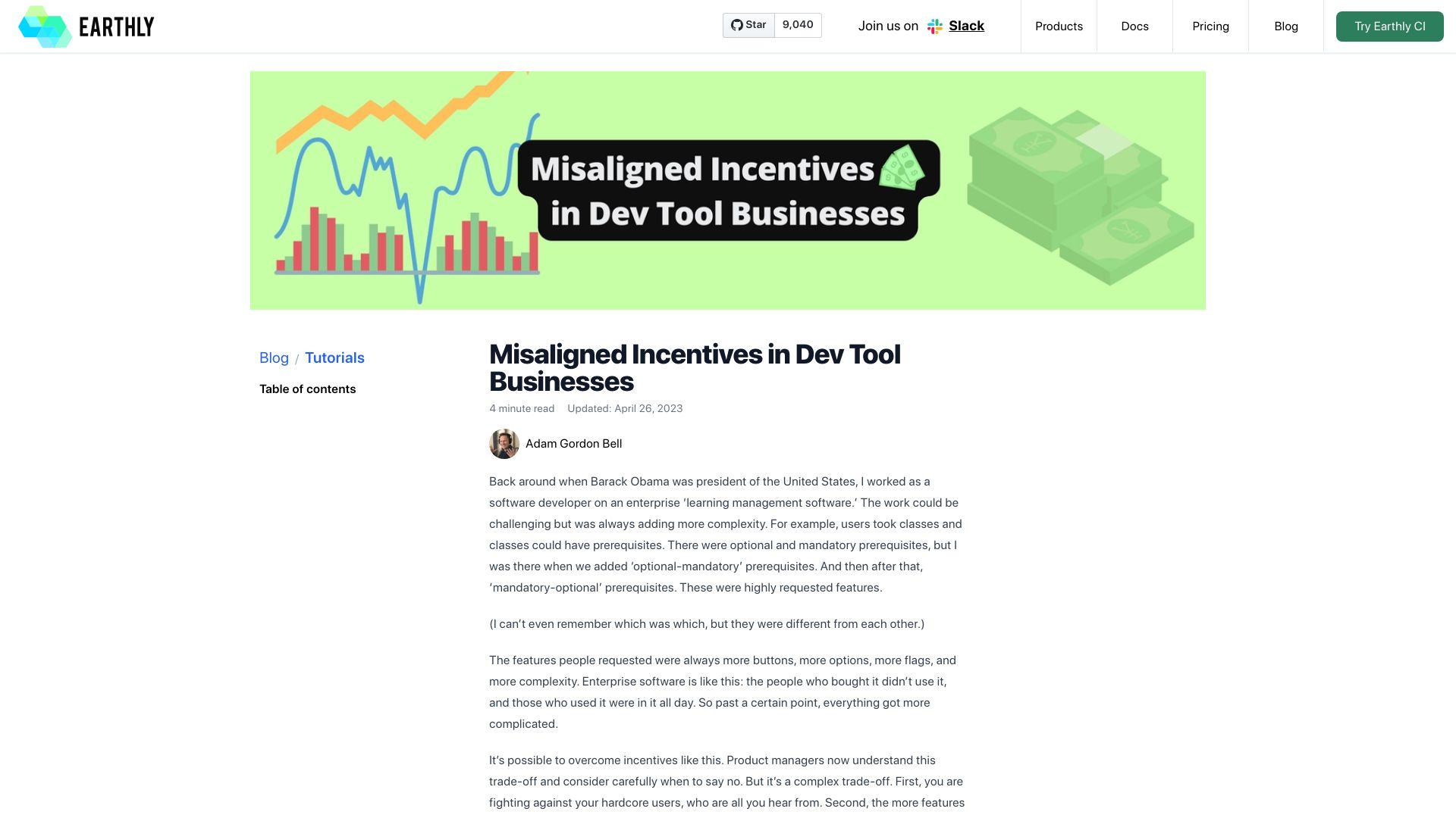 Screenshot of earthly.dev: Misaligned Incentives in Dev Tool Businesses