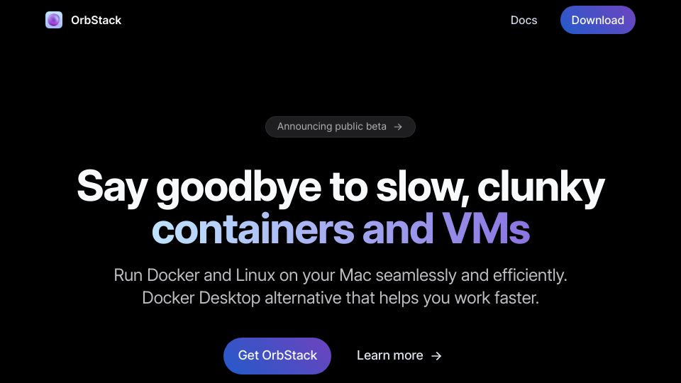 Screenshot of orbstack.dev: OrbStack – Fast, lightweight Docker Desktop and Colima alternative for macOS