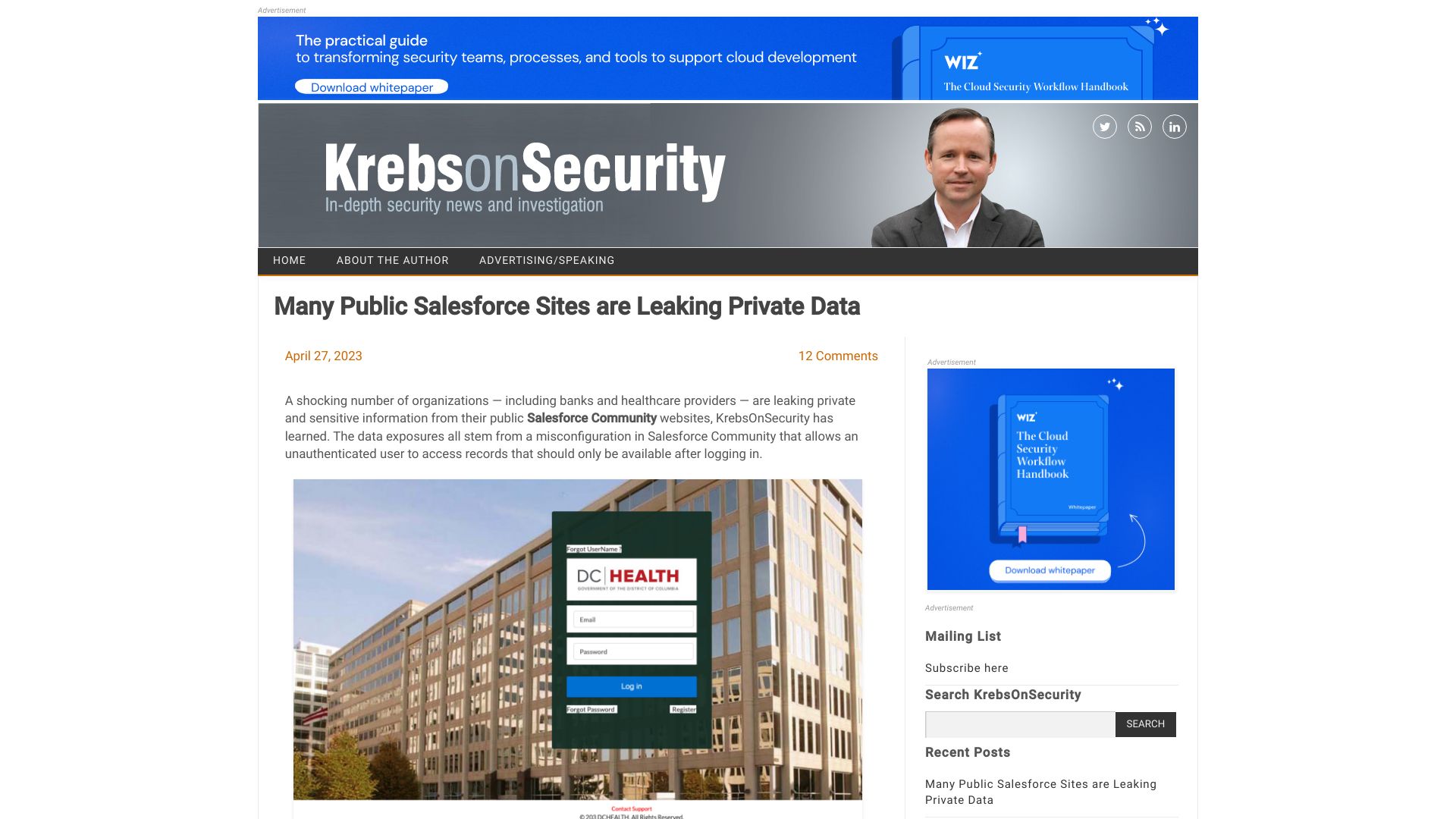 Screenshot of krebsonsecurity.com: Many public Salesforce sites are leaking private data