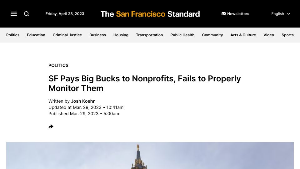 Screenshot of sfstandard.com: SF pays big bucks to nonprofits, fails to properly monitor them