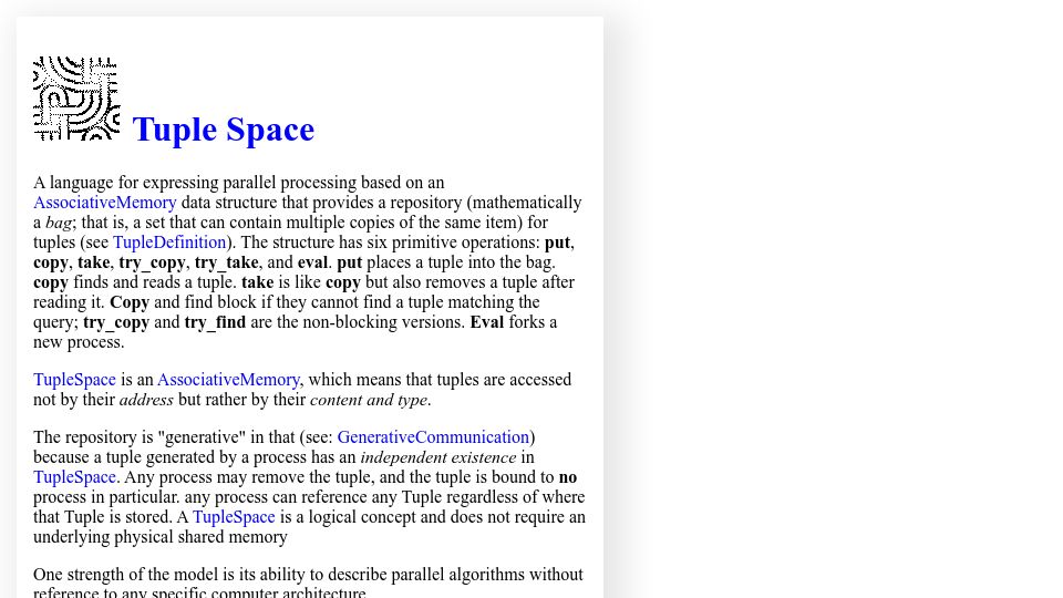 Screenshot of wiki.c2.com: Tuple Space (2014)