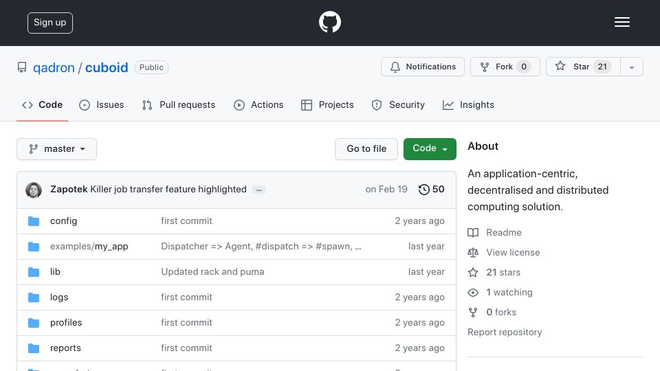 Screenshot of github.com: Cuboid: An application-centric, decentralised and distributed computing project