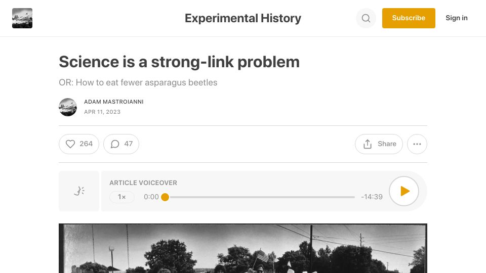 Screenshot of experimental-history.com: Science is a strong-link problem