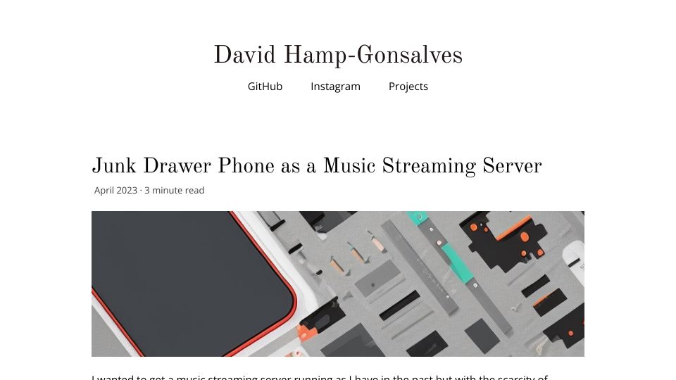 Screenshot of davidhampgonsalves.com: Junk drawer phone as a music streaming server