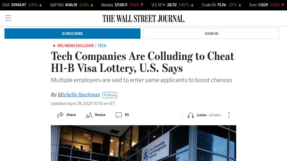 Screenshot of wsj.com: Tech companies are colluding to cheat H1B visa lottery, US says