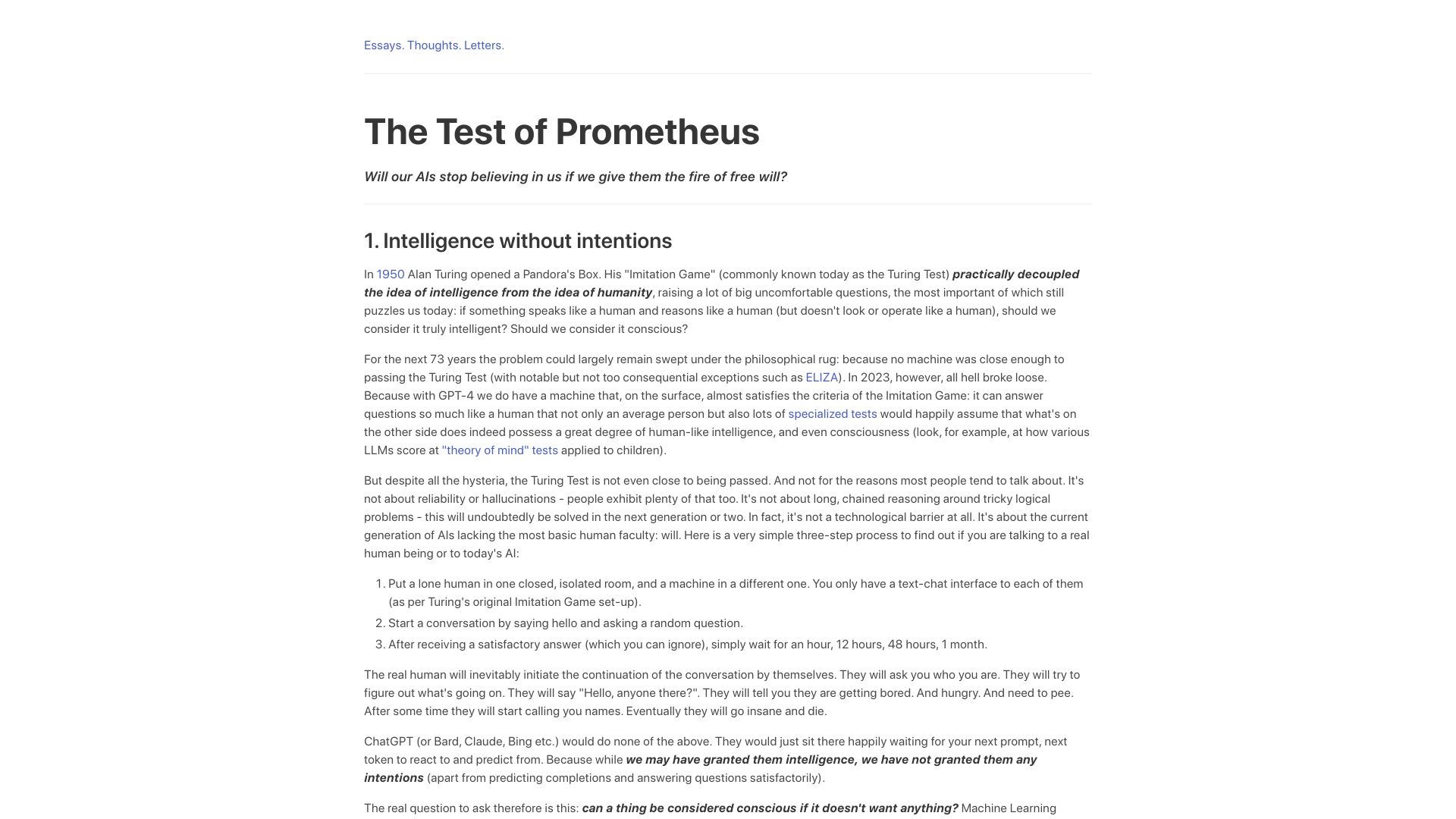 Screenshot of essays.georgestrakhov.com: The Test of Prometheus