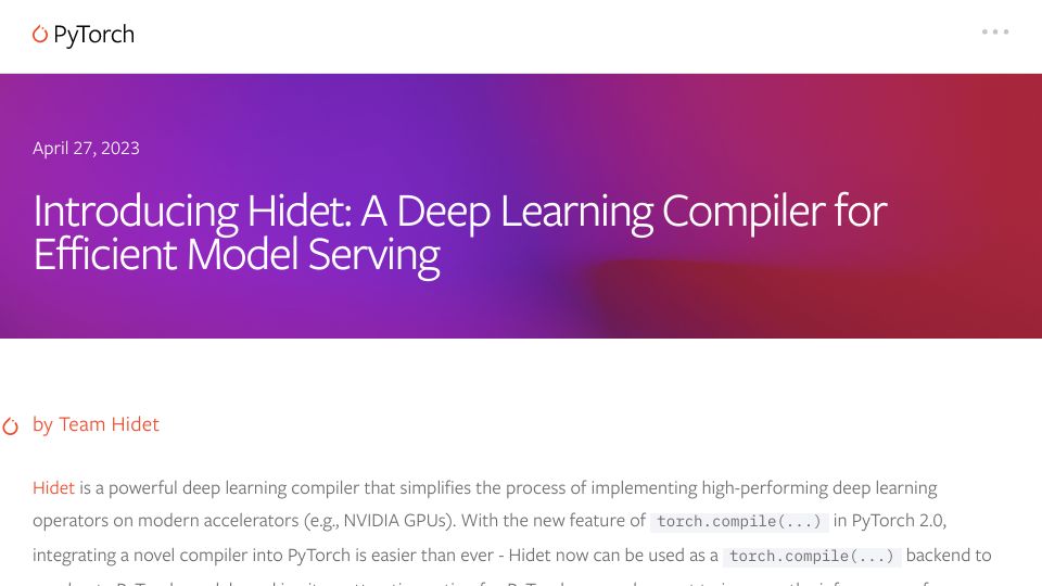 Screenshot of pytorch.org: Hidet: A Deep Learning Compiler for Efficient Model Serving