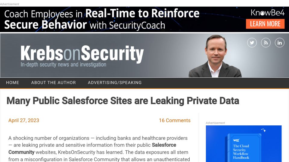 Screenshot of krebsonsecurity.com: Many public Salesforce sites are leaking private data