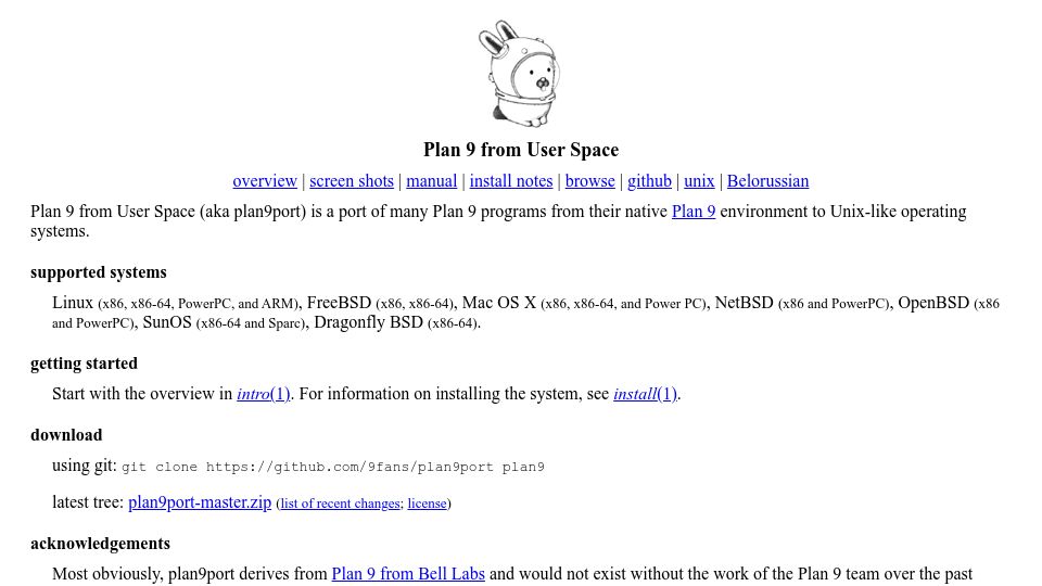 Screenshot of 9fans.github.io: Plan 9 from User Space