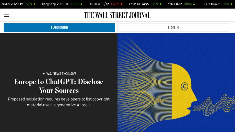 Screenshot of wsj.com: Europe to ChatGPT: disclose your sources