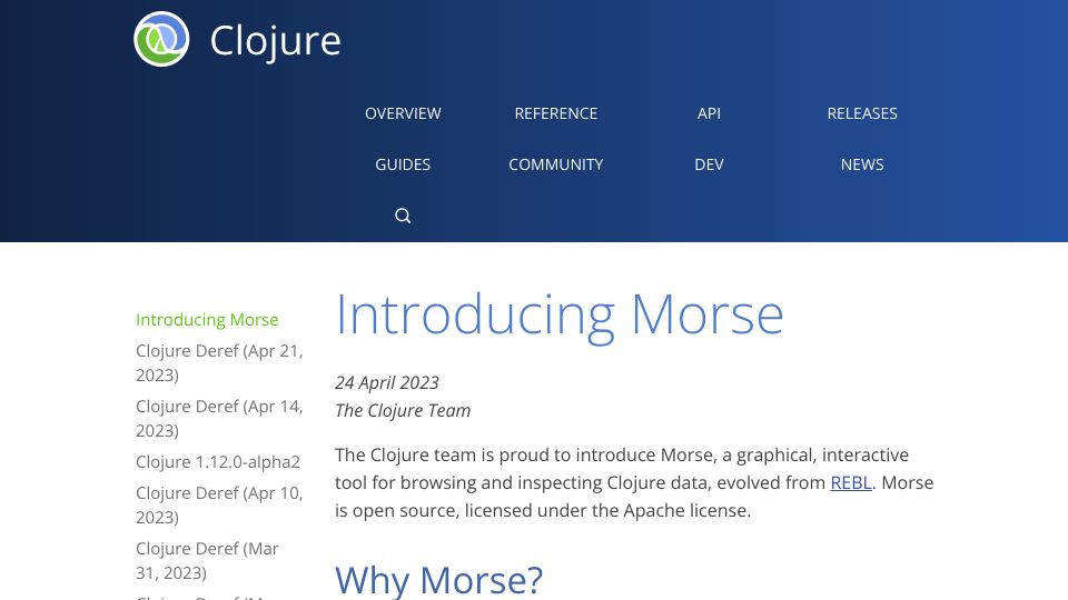 Screenshot of clojure.org: Morse, an open-source interactive tool for inspecting Clojure