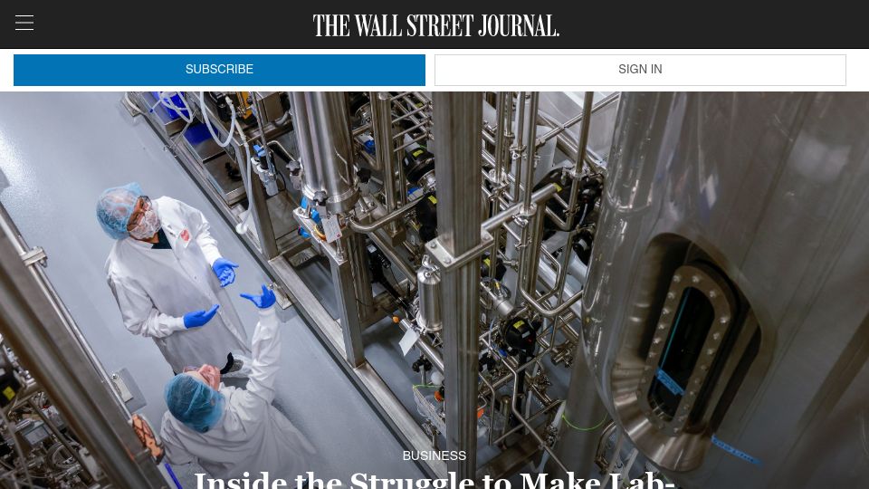 Screenshot of wsj.com: The Struggle to Make Lab-Grown Meat