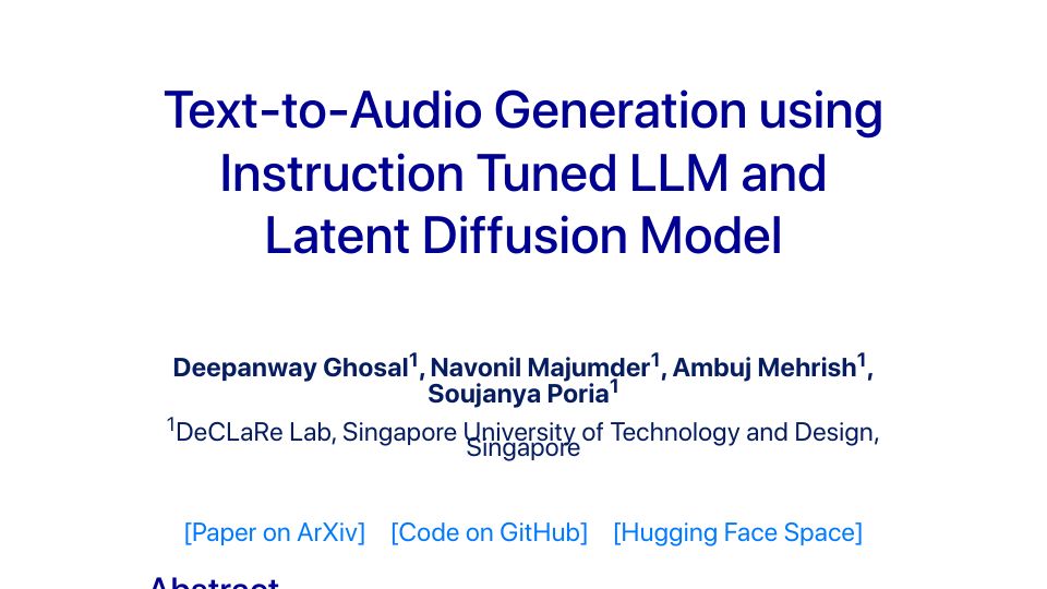 Screenshot of tango-web.github.io: Text-to-Audio Generation Using Instruction Tuned LLM and Latent Diffusion Model