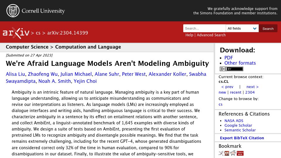 Screenshot of arxiv.org: We're afraid language models aren't modeling ambiguity