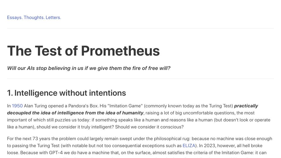 Screenshot of essays.georgestrakhov.com: The Test of Prometheus