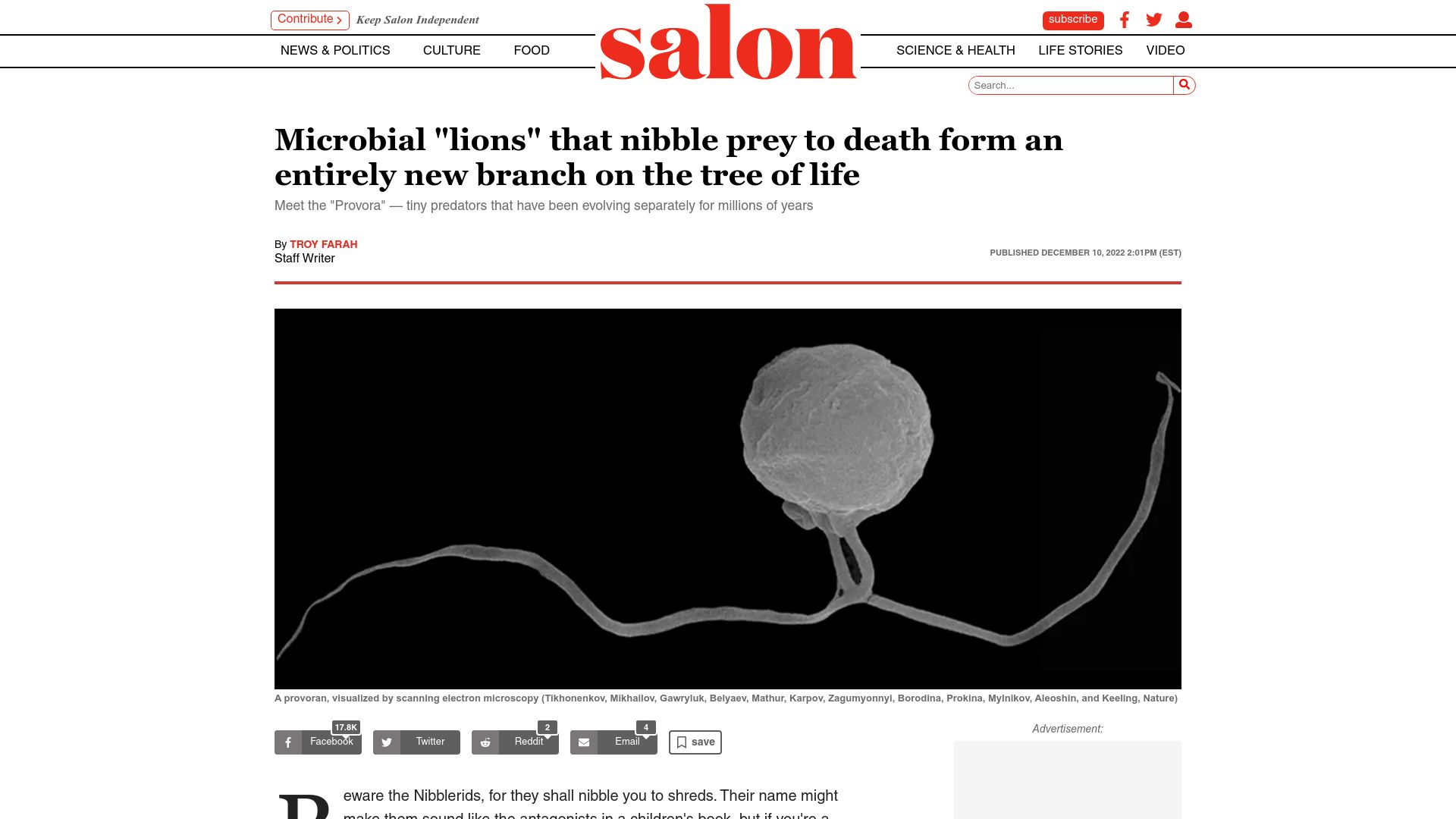 Screenshot of salon.com: Provora: tiny predators that have been evolving separately for millions of years