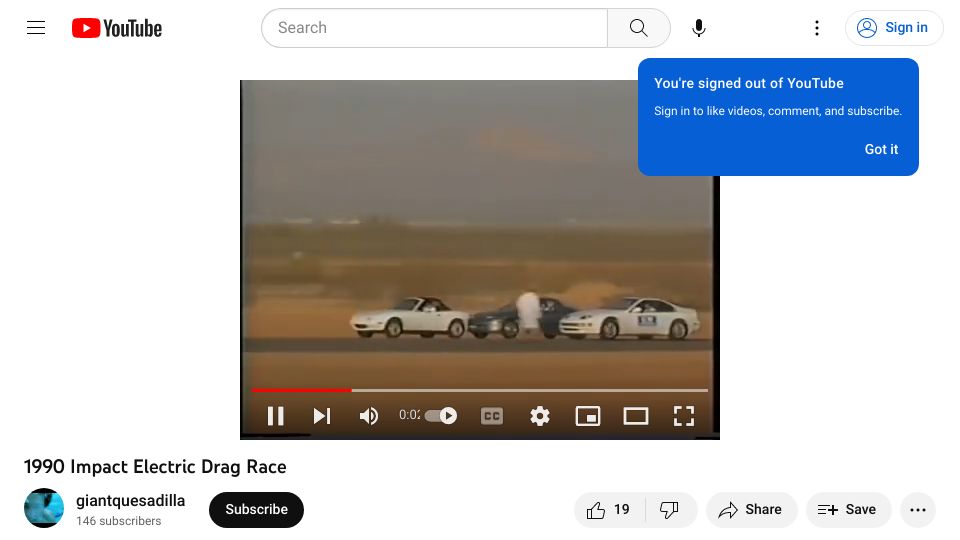 Screenshot of youtube.com: 1990 Impact Electric Drag Race [video]