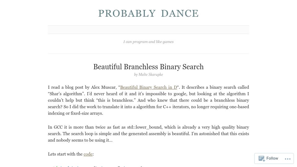 Screenshot of probablydance.com: Beautiful branchless binary search