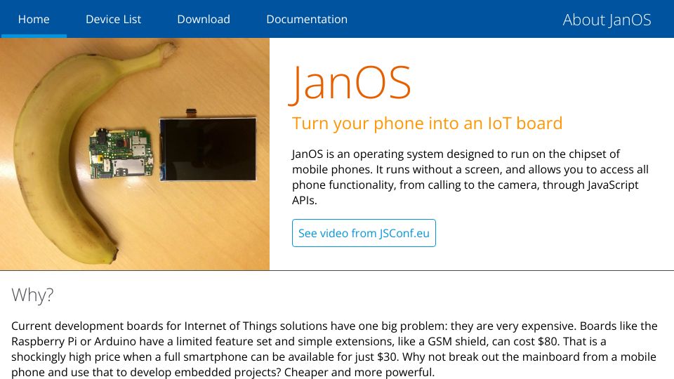 Screenshot of janos.io: JanOS: Turn your phone into an IoT board (2015)