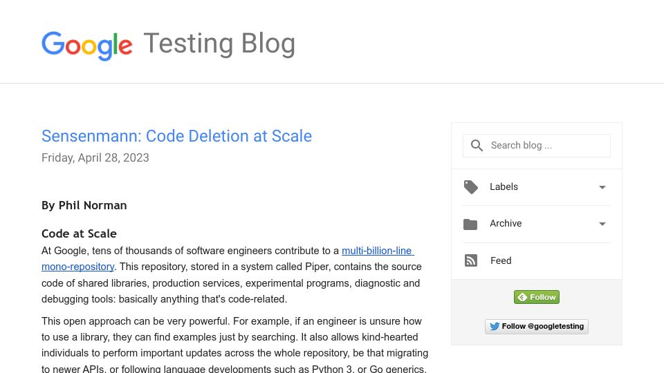 Screenshot of testing.googleblog.com: Sensenmann: Code Deletion at Scale