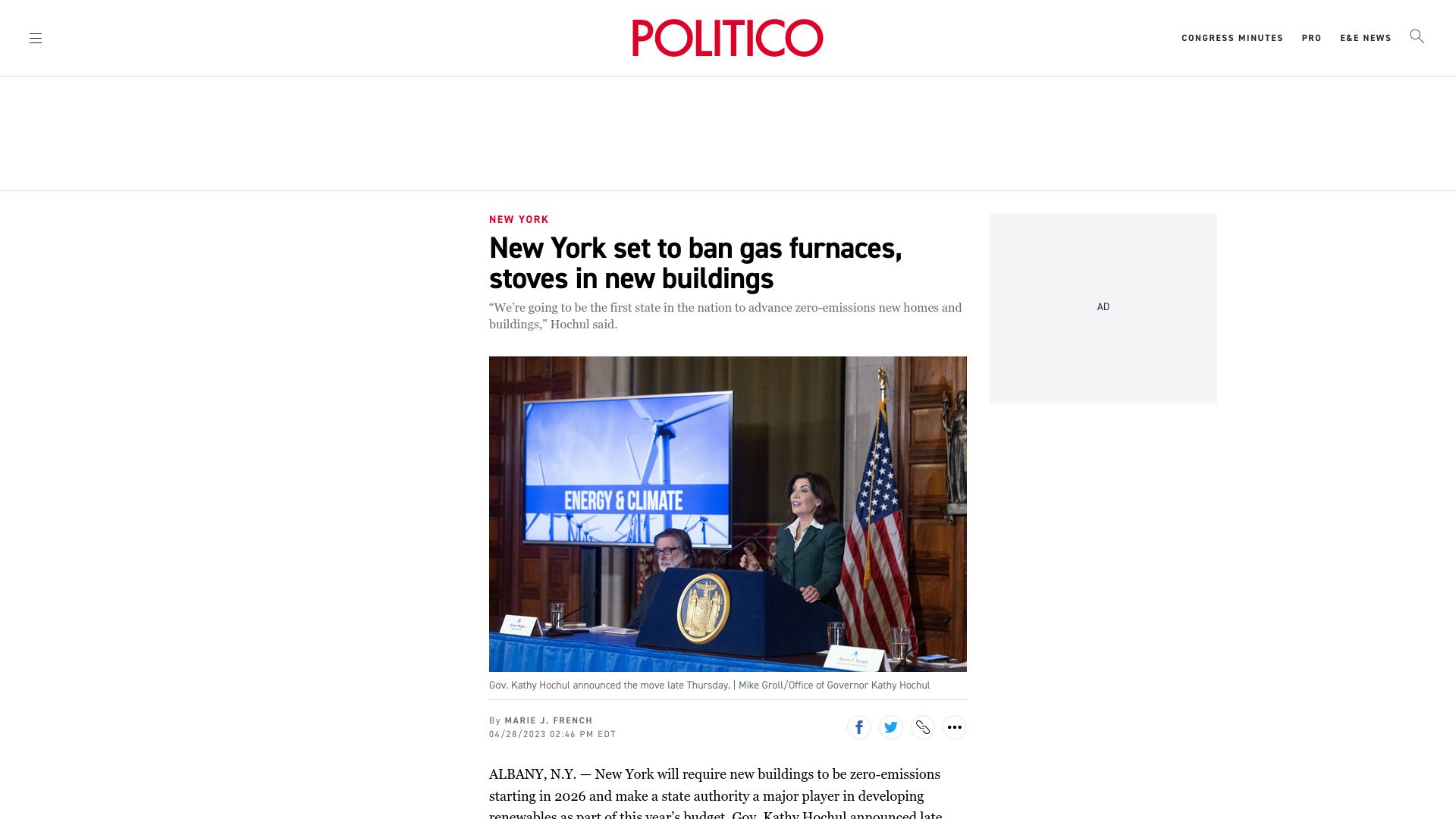 Screenshot of politico.com: New York set to ban gas furnaces, stoves in new buildings