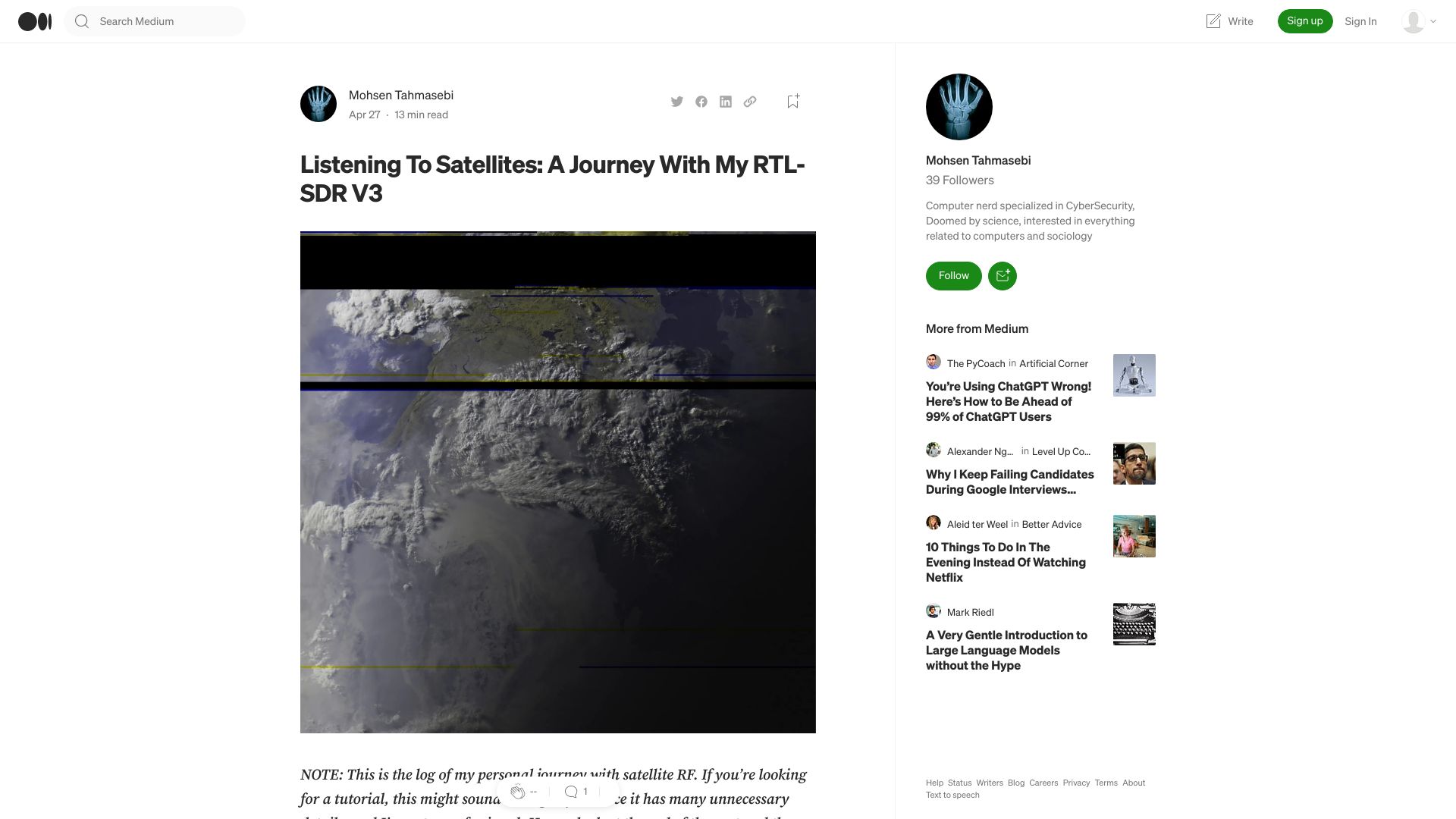 Screenshot of moh53n.medium.com: Listening to Satellites: A Journey with My RTL-SDR V3