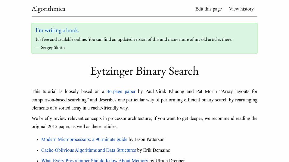 Screenshot of algorithmica.org: Eytzinger Binary Search