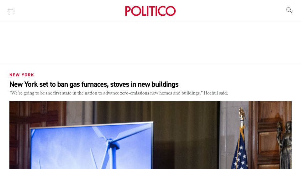 Screenshot of politico.com: New York set to ban gas furnaces, stoves in new buildings