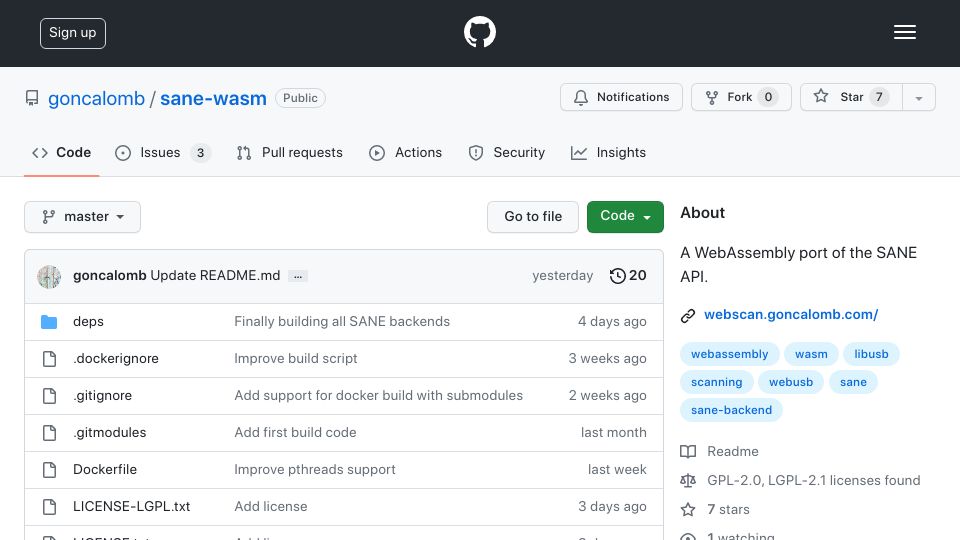 Screenshot of github.com: WebAssembly+WebUSB port of the SANE scanner library