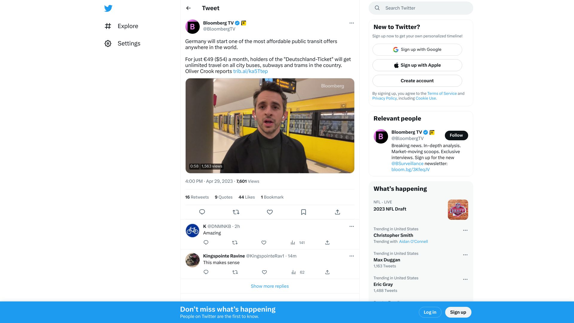 Screenshot of twitter.com: Germany will start one of the most affordable public transit offers in the world