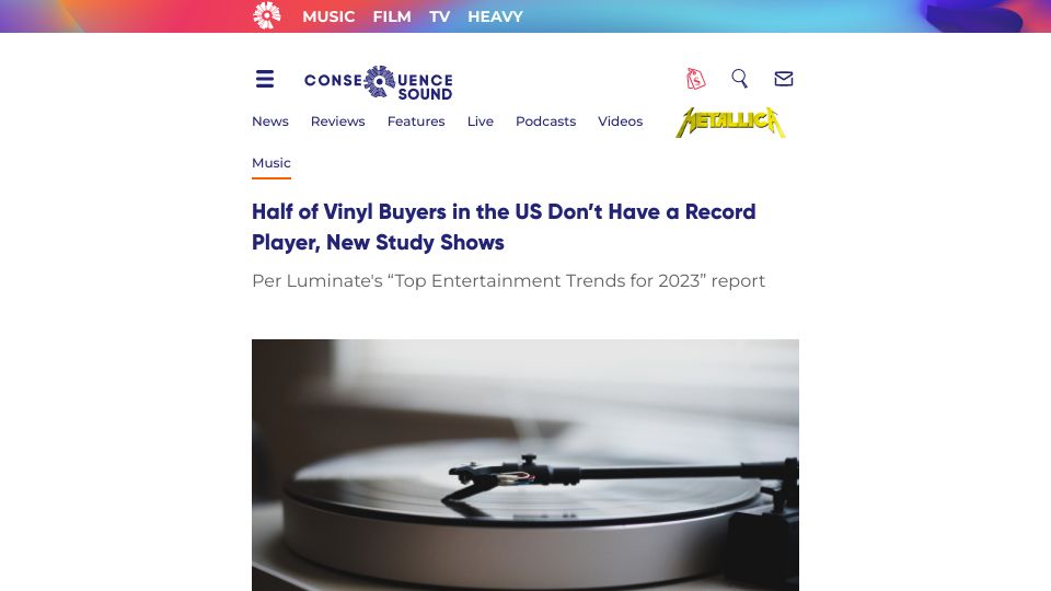 Screenshot of consequence.net: Half of vinyl buyers in the U.S. don’t have a record player: study