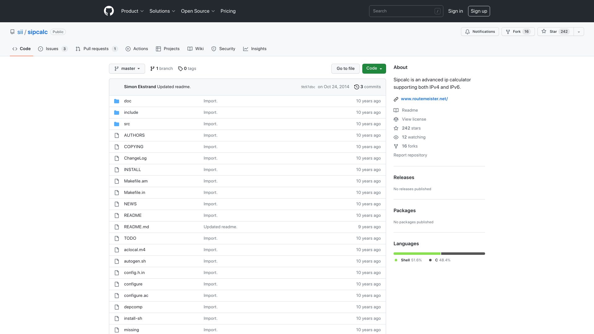 Screenshot of github.com: Sipcalc – An advanced IP calculator supporting both IPv4 and IPv6