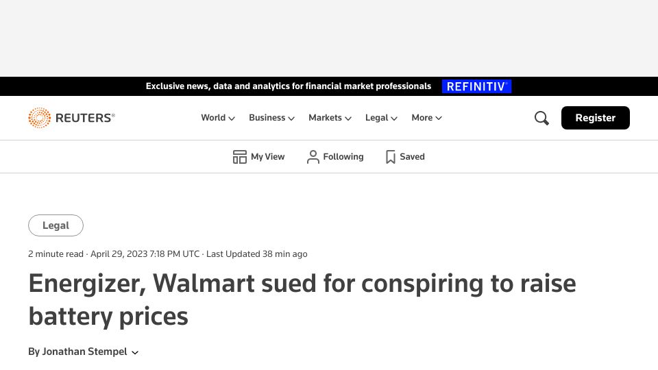 Screenshot of reuters.com: Energizer, Walmart are sued for conspiring to raise battery prices