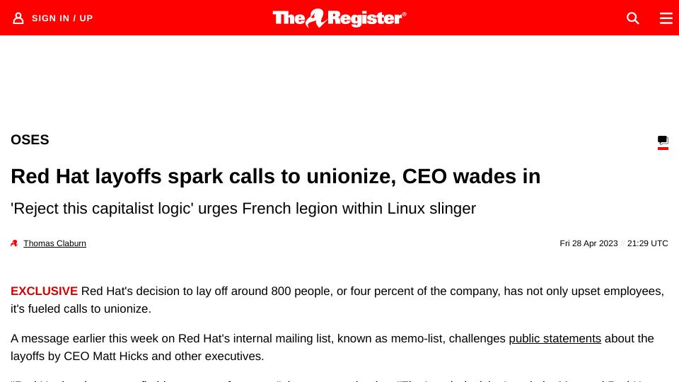 Screenshot of theregister.com: Red Hat layoffs spark calls to unionize, CEO wades in