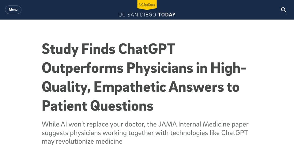 Screenshot of today.ucsd.edu: Study: ChatGPT outperforms physicians in quality, empathetic answers to patients