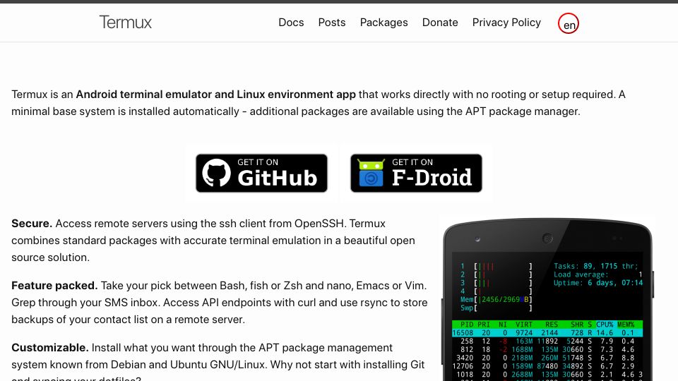 Screenshot of termux.dev: Termux is an Android terminal emulator and Linux environment app