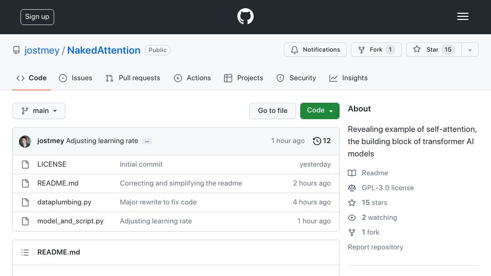 Screenshot of github.com: Revealing example of self-attention, the building block of transformer AI models