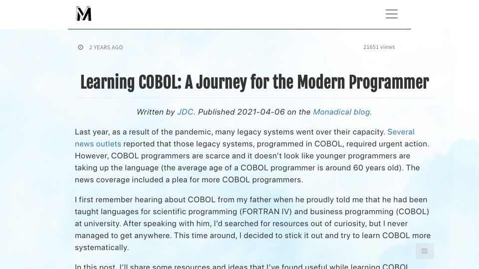 Screenshot of monadical.com: Learning COBOL: A Journey for the Modern Programmer (2021)