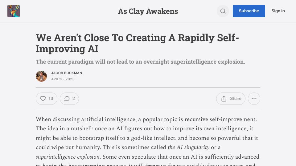 Screenshot of jacobbuckman.substack.com: We aren't close to creating a rapidly self-improving AI