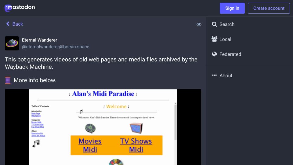 Screenshot of botsin.space: Bot that generates videos of old web pages and media files