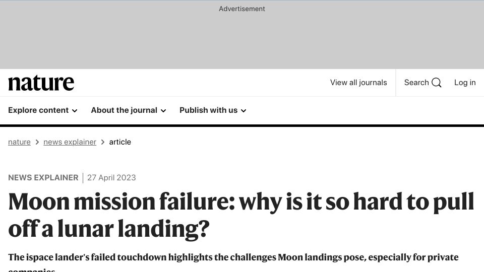 Screenshot of nature.com: Why is it so hard to pull off a lunar landing?