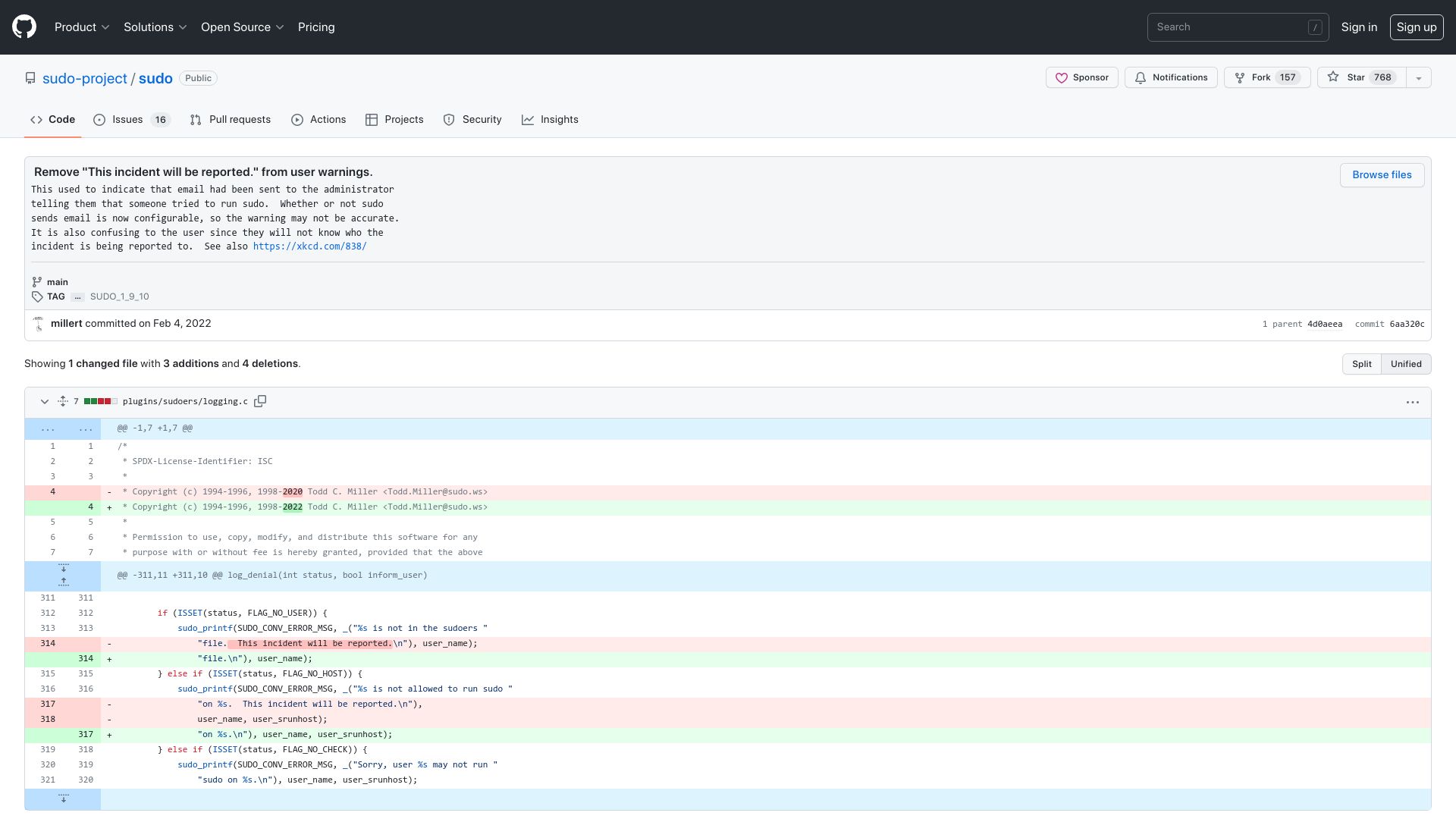Screenshot of github.com: Remove “This incident will be reported.” from user warnings