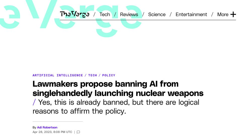 Screenshot of theverge.com: Lawmakers propose banning AI from singlehandedly launching nuclear weapons