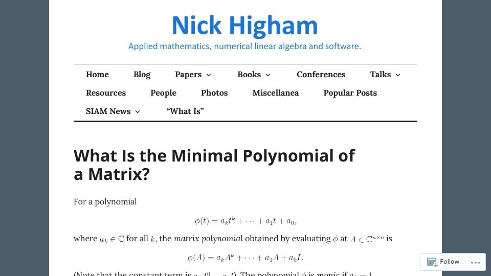 Screenshot of nhigham.com: What Is the Minimal Polynomial of a Matrix?