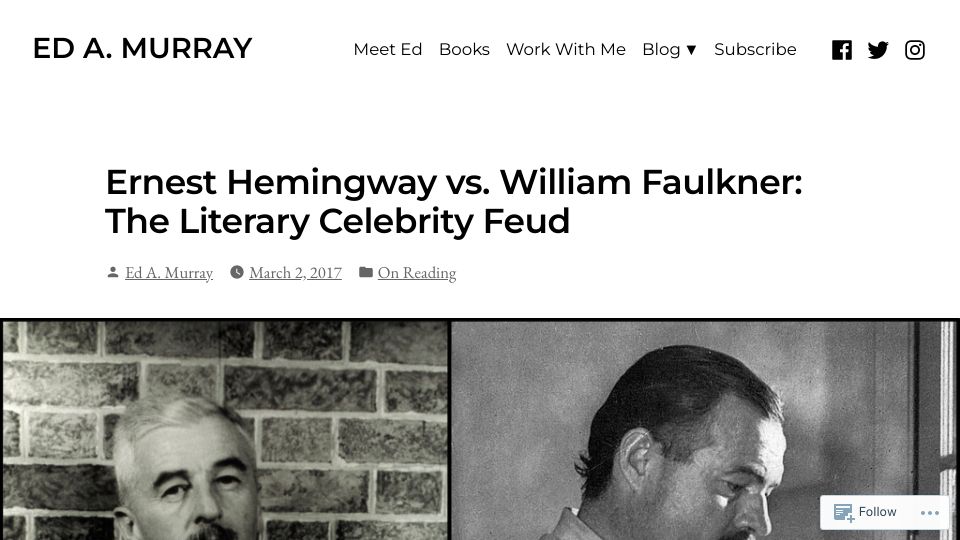 Screenshot of edamurray.com: Ernest Hemingway vs. William Faulkner (2017)
