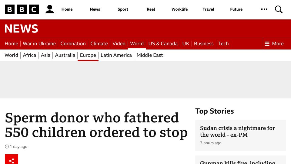 Screenshot of bbc.com: Sperm donor who fathered 550 children ordered to stop