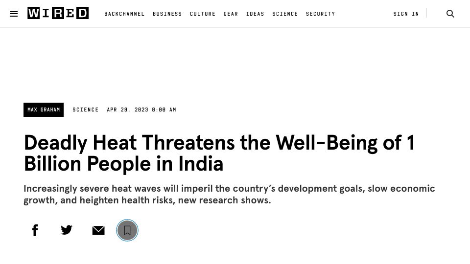 Screenshot of wired.com: Deadly heat threatens the well-being of 1B people in India