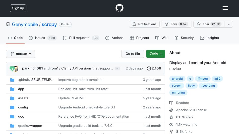 Screenshot of github.com: Scrcpy: Display and control your Android devices connected over USB or TCP/IP