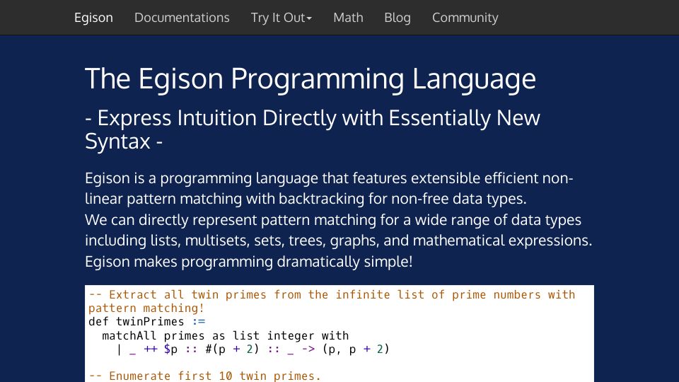 Screenshot of egison.org: The Egison Programming Language