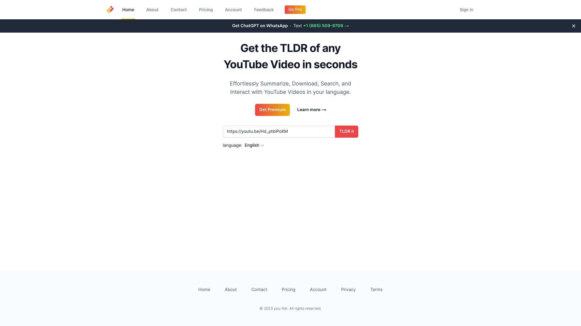 Screenshot of you-tldr.com: Get The TLDR Of Any YouTube Video